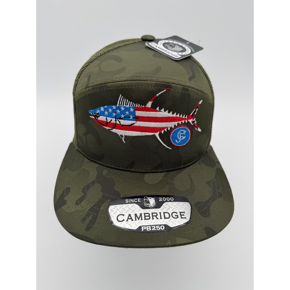 Cambridge PB250 Camo Trucker Hat Cap Mens Green American Flag Fish Snapback NWT